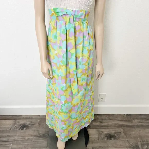 [Vintage] 60s 70s Cream Mock Neck Groovy Floral Print Bow Maxi Dress Sz Medium M - Picture 6 of 12